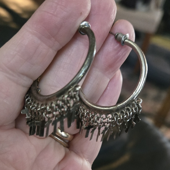 Dolls Kill Silver Hoop Earrings with Cross Charms - Picture 2 of 6